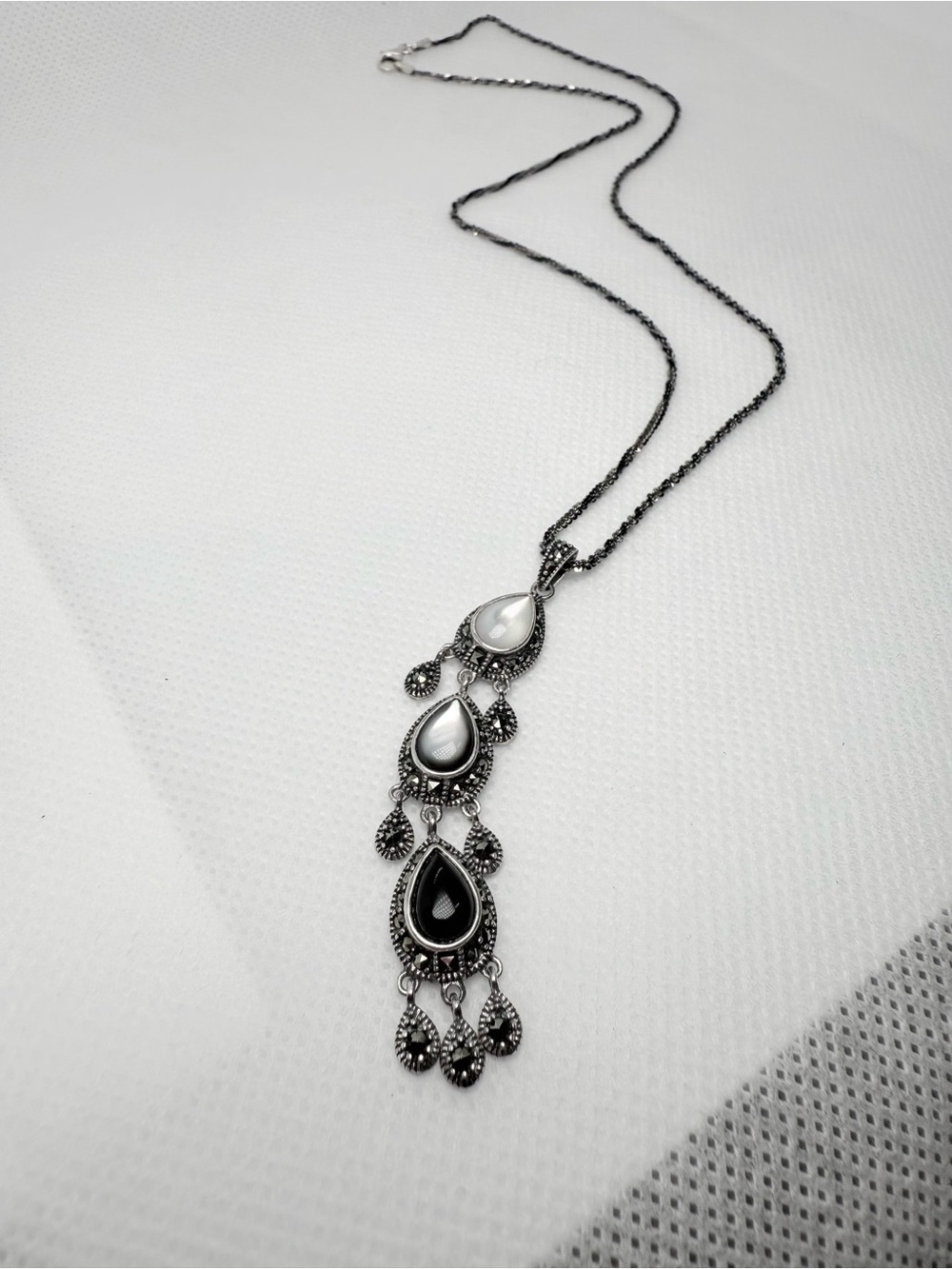 Vintage Italian Art Deco Marcasite Onyx Mother of Pearl Chandelier Drop Necklace